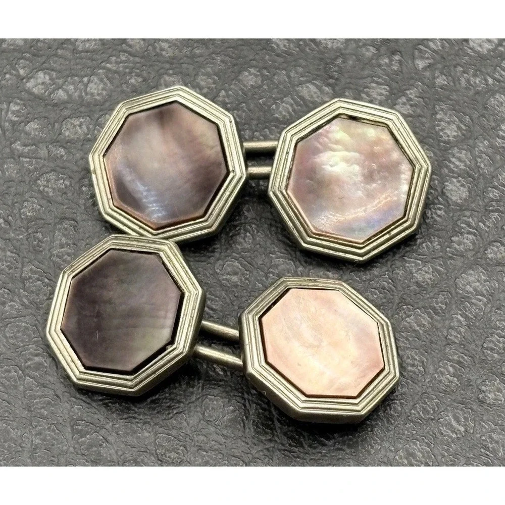 Vintage Art Deco Mother of Pearl Octagonal Cufflinks Silver Tone